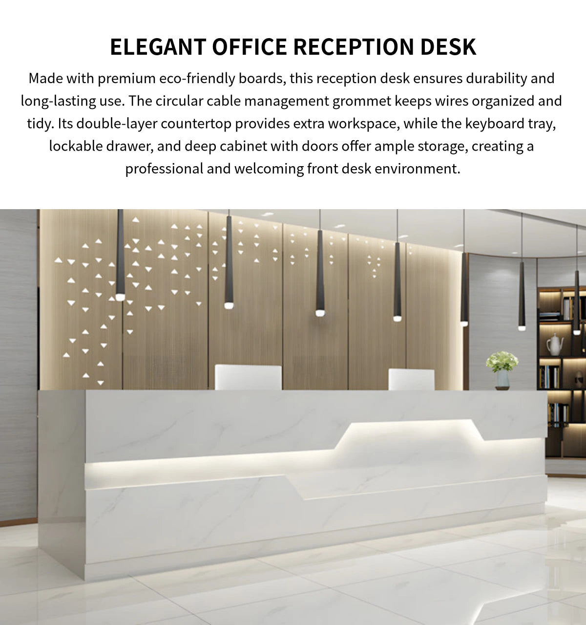 Round Reception Desk 55-189 in Wide with Cable Management, LED Lighting & Keyboard Tray — Detail image 1