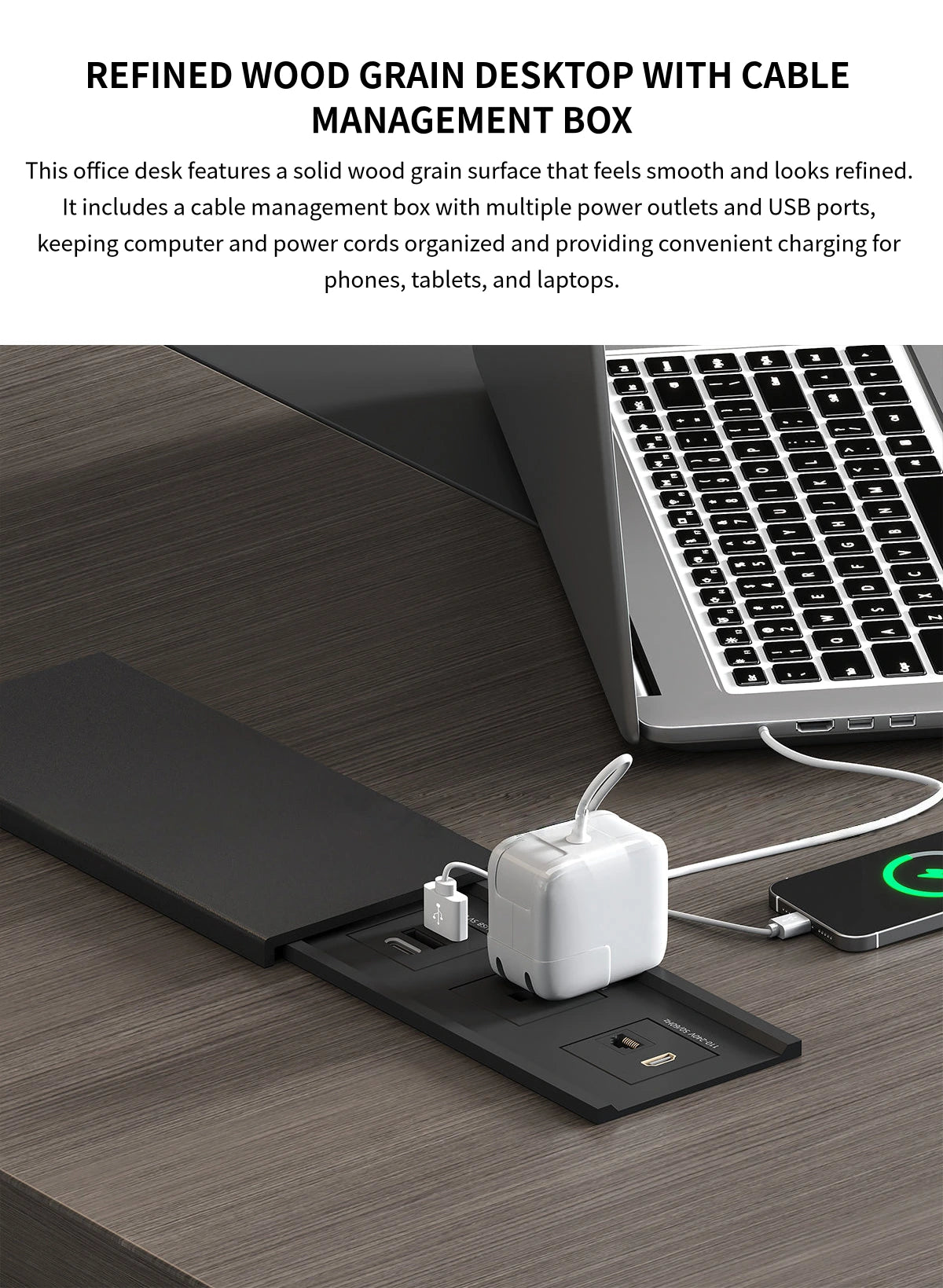 L-Shaped Executive Desk with Side Storage, Built-In Outlets & Cable Management — Detail image 5