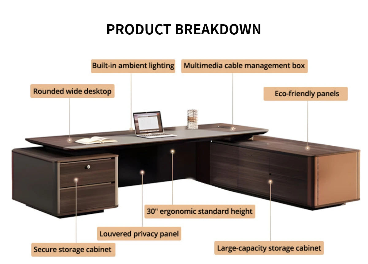 L-Shaped Executive Desk with Side Storage, Cable Management & Lockable for Home Office — Detail image 2