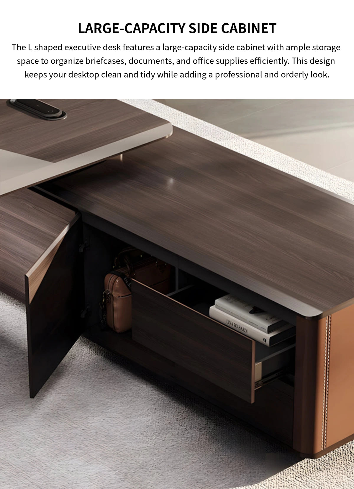 L-Shaped Executive Desk with Side Storage, Cable Management & Lockable for Home Office — Detail image 5