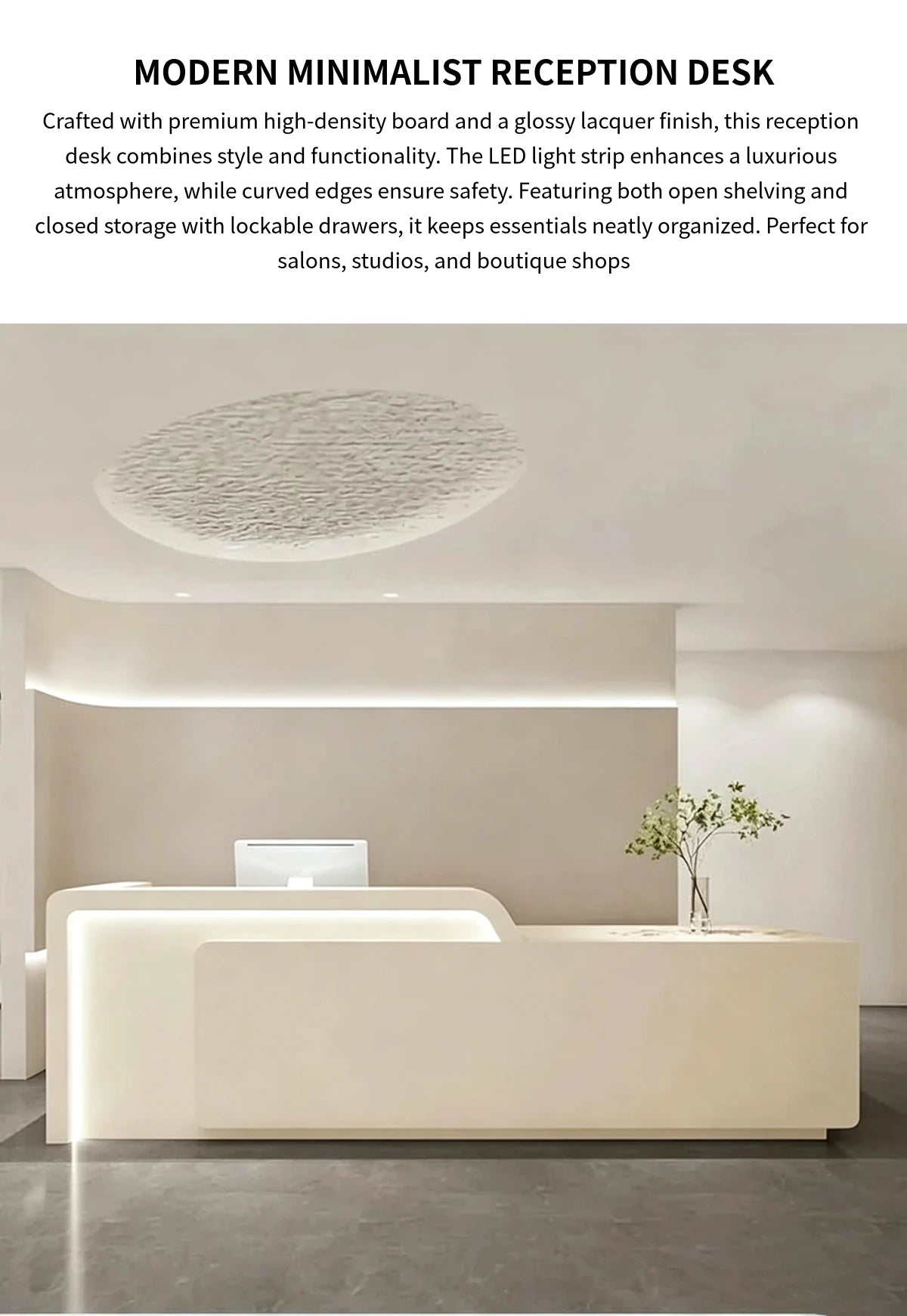Curved Reception Desk 47-165 in Wide with LED Lighting, Lockable & File Drawers for Salon — Detail image 1