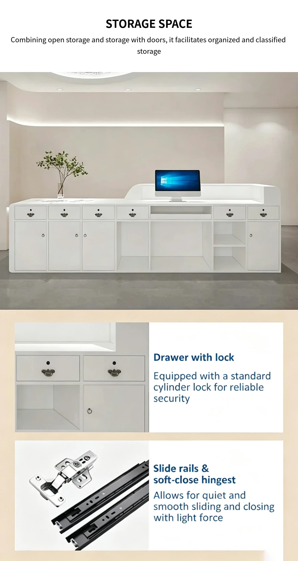 Curved Reception Desk 47-165 in Wide with LED Lighting, Lockable & File Drawers for Salon — Detail image 4