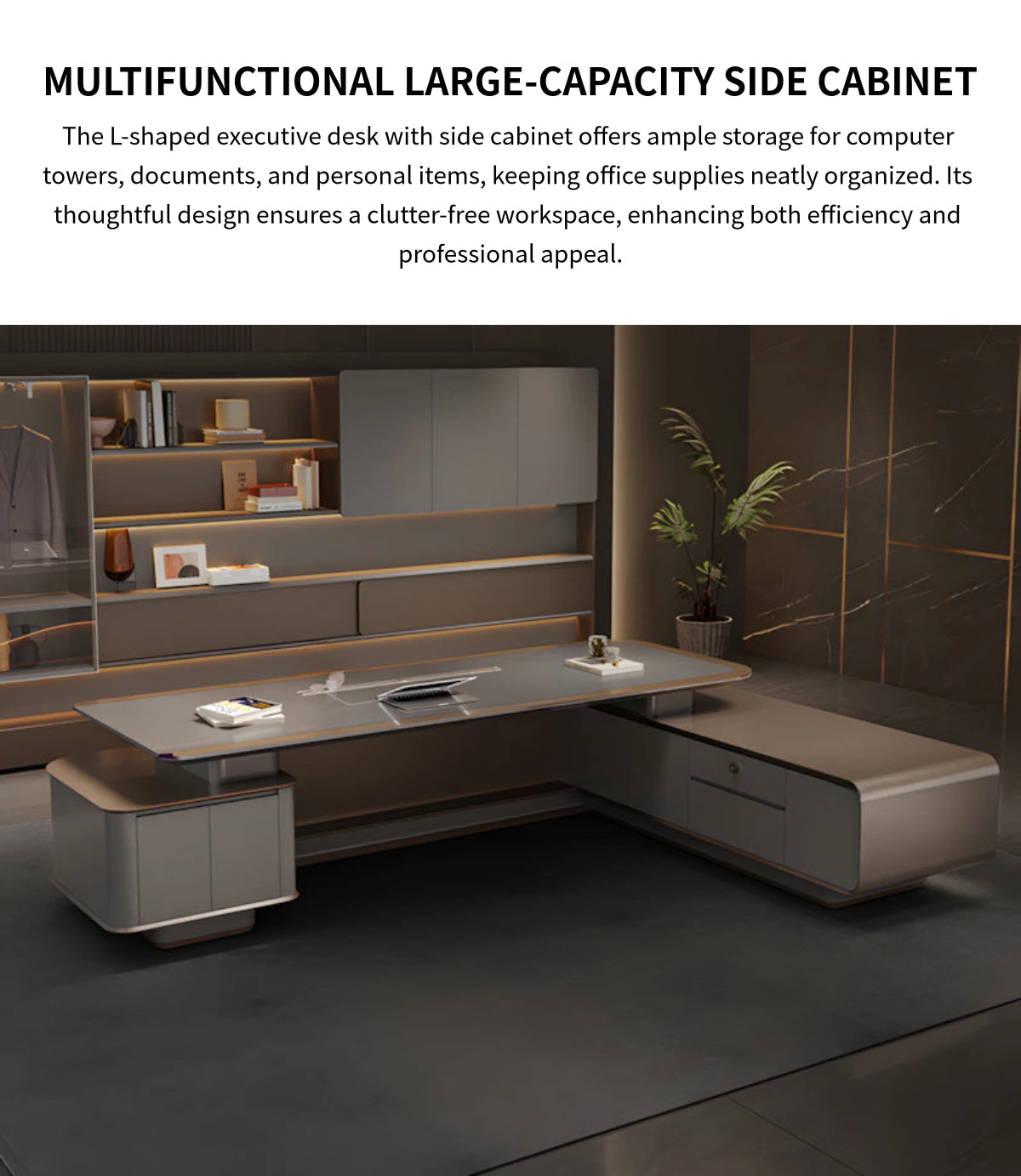 L-Shaped Executive Desk with Lockable, Cable Management & LED Lighting for Home Office — Detail image 11