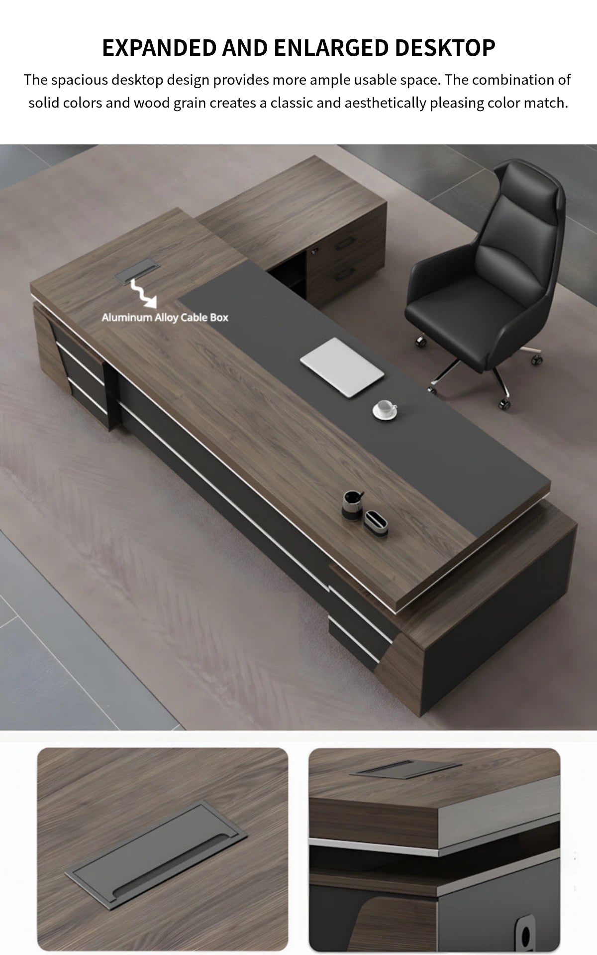 L-Shaped Executive Desk with Lockable, Side Storage & File Drawers for Home Office — Detail image 4