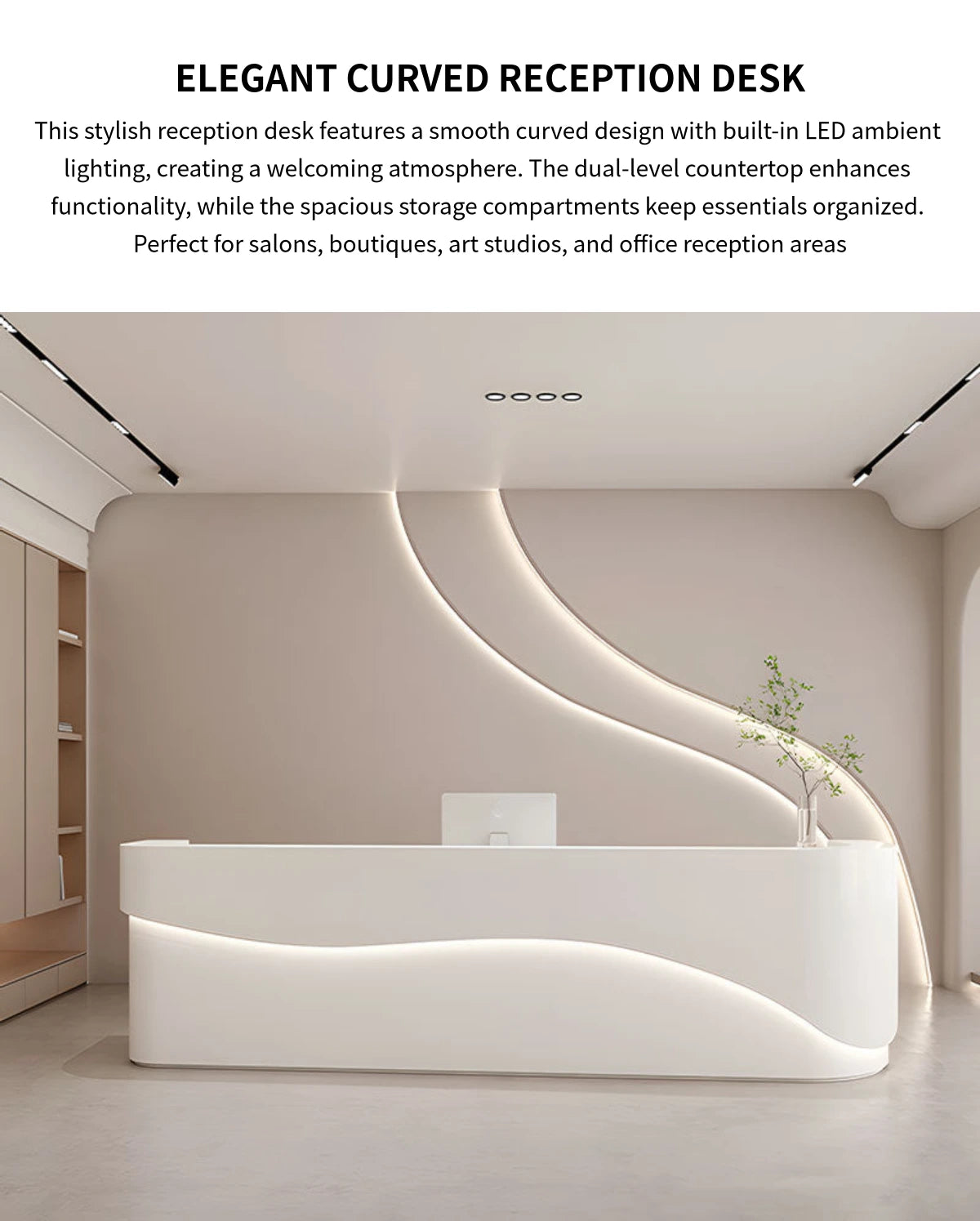 Curved Reception Desk 79-142 in Wide with File Drawers, LED Lighting & Transaction Counter — Detail image 1