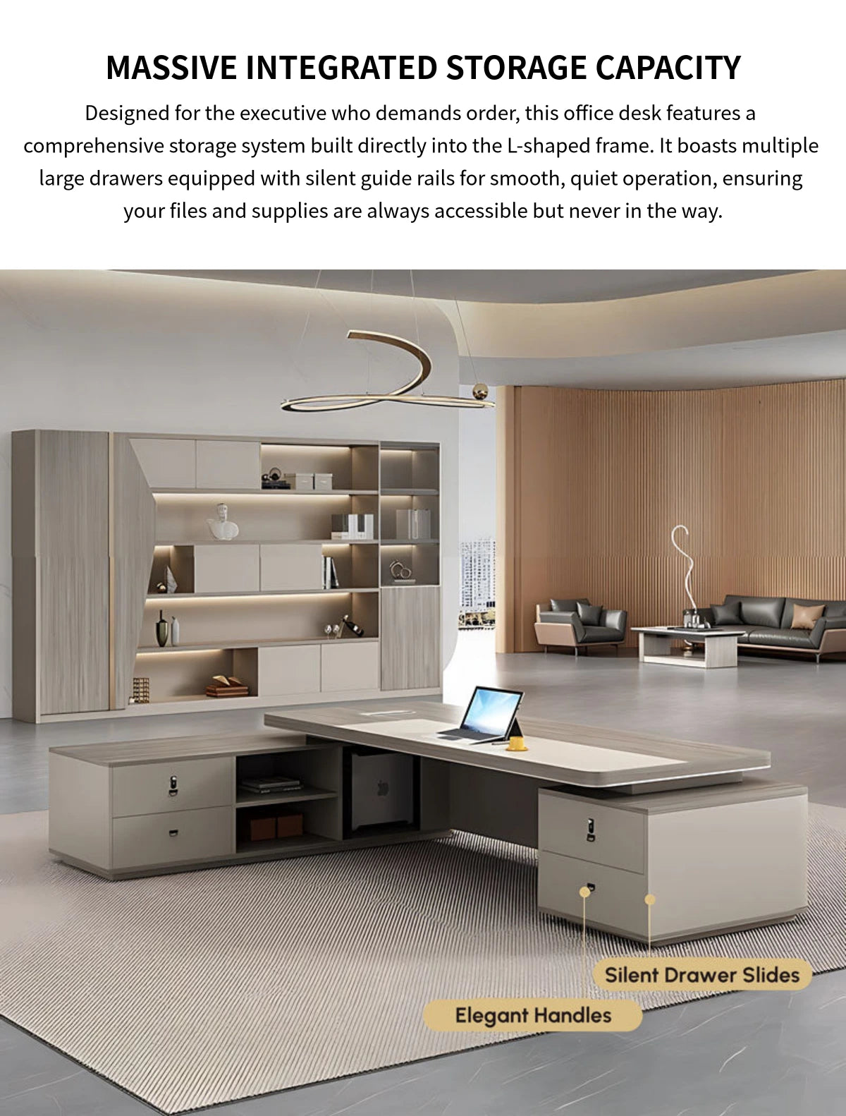 L-Shaped Executive Desk with Side Storage, Cable Management & File Drawers for Home Office — Detail image 5