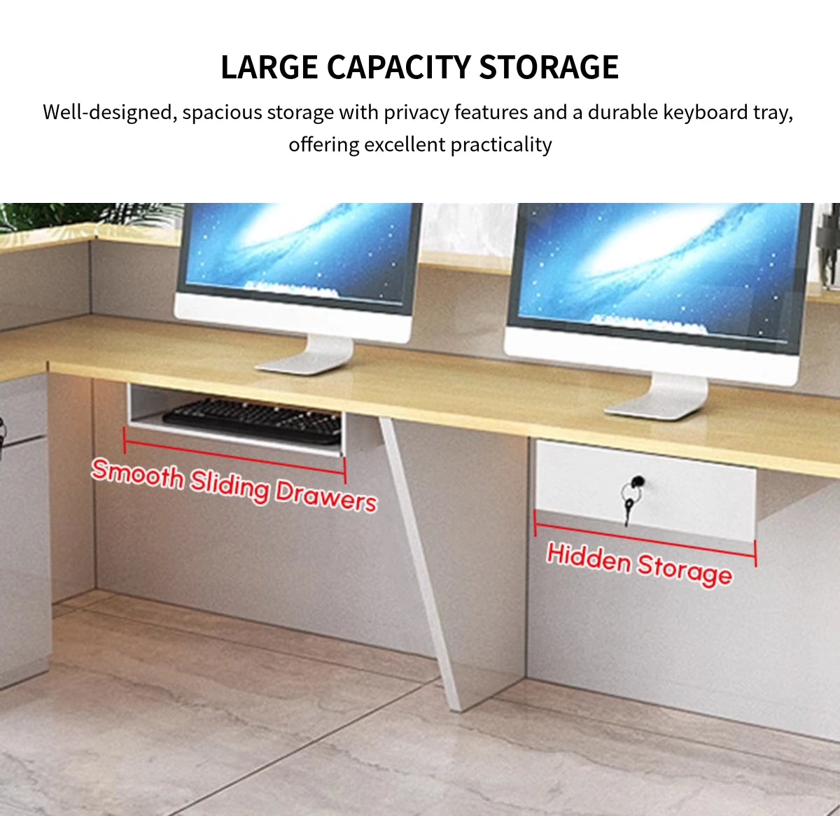 Curved Reception Desk 71-134 in Wide with Keyboard Tray, Lockable & LED Lighting for Salon — Detail image 10