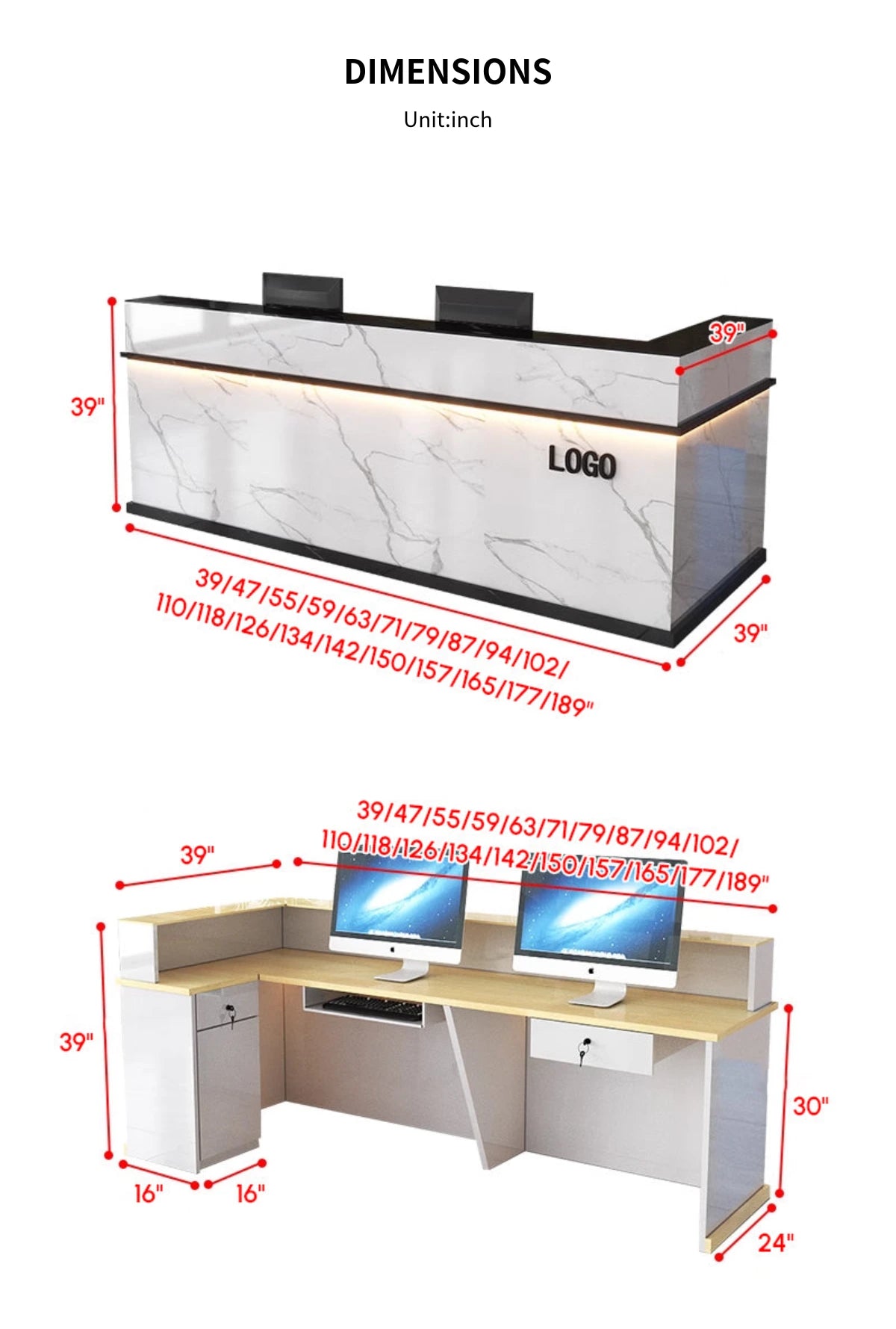 Curved Reception Desk 71-134 in Wide with Keyboard Tray, Lockable & LED Lighting for Salon — Detail image 15