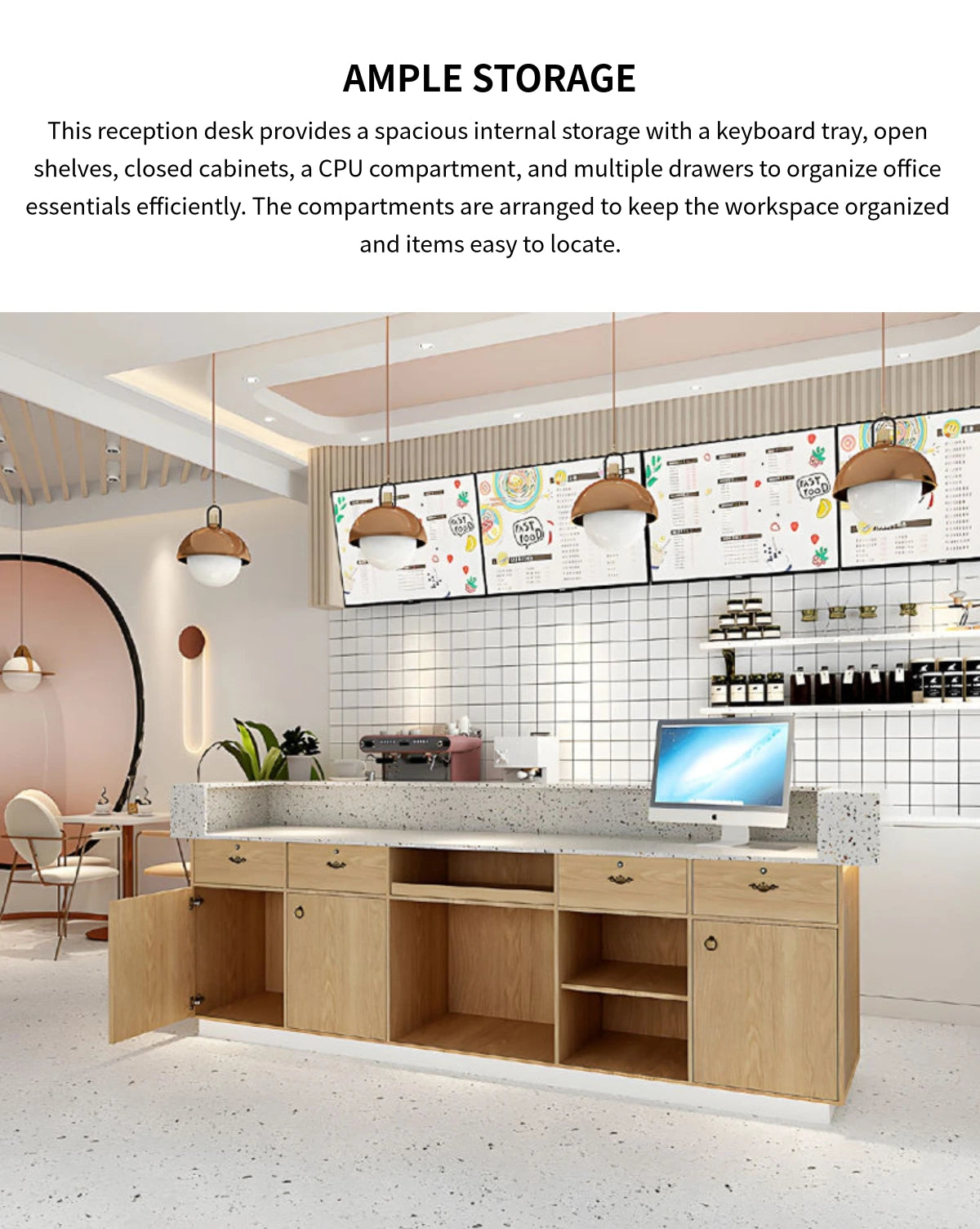 Curved Reception Desk with Keyboard Tray, File Drawers & Transaction Counter — Detail image 5