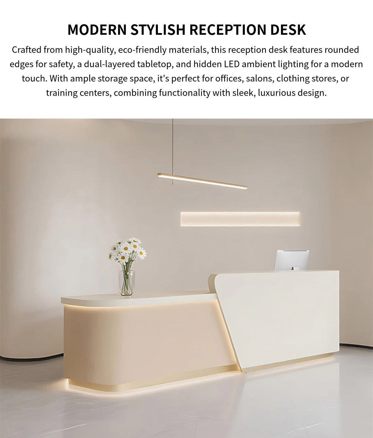 Curved Reception Desk 47-157 in Wide with LED Lighting, Lockable & File Drawers for Salon — Detail image 1