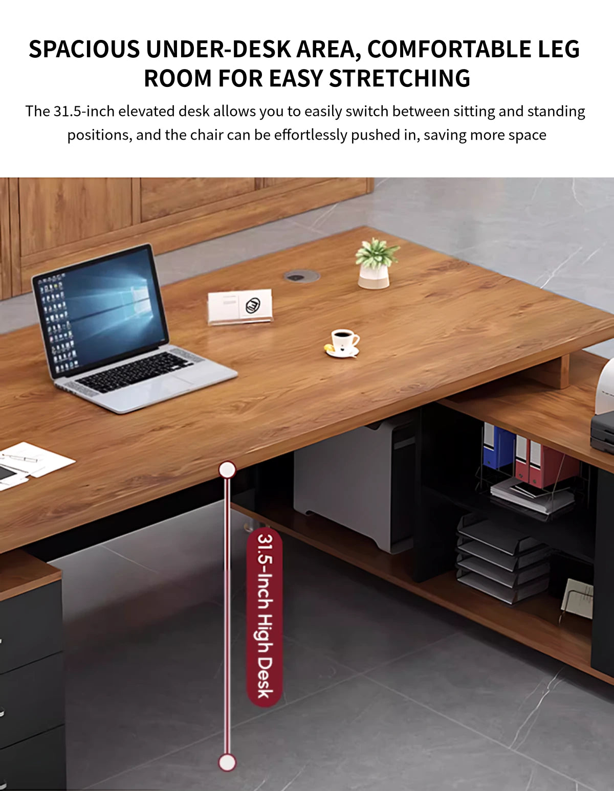 Modern Executive Desk with File Drawers, Privacy Panel & Cable Management for Home Office — Detail image 7