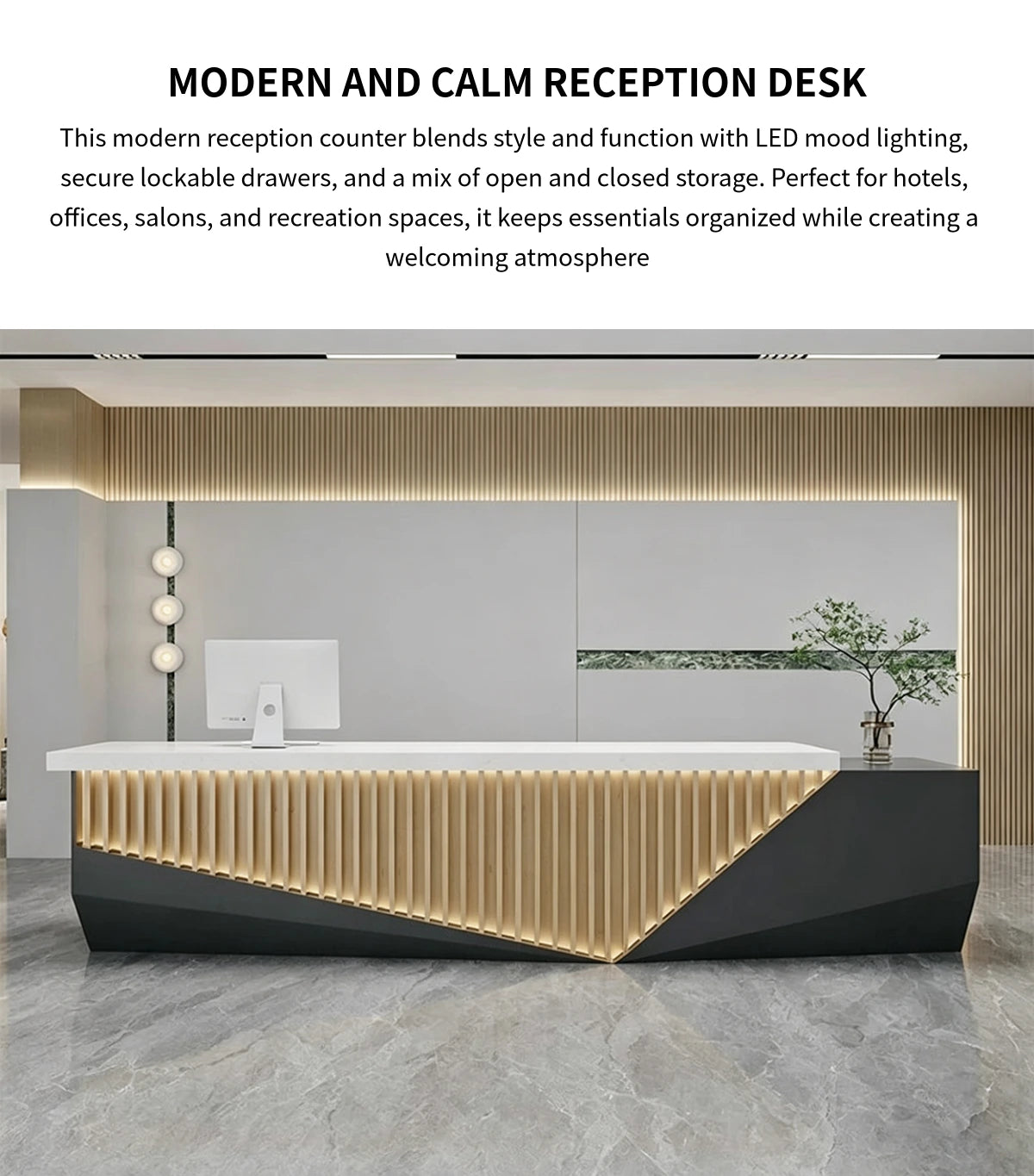 Salon Reception Desk 63-157 in Wide with Lockable, Fluted Front & LED Lighting for Salon — Detail image 1