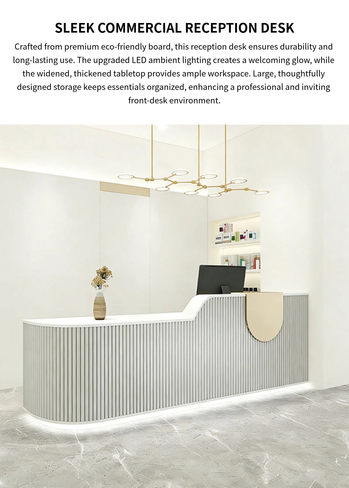 Curved Reception Desk 55-134 in Wide with File Drawers, Fluted Front & LED Lighting — Detail image 1