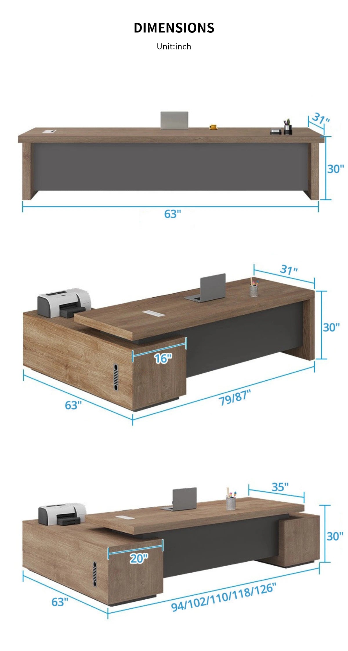 Modern Executive Desk with Solid Wood, Cable Management & Side Storage for Home Office — Detail image 10