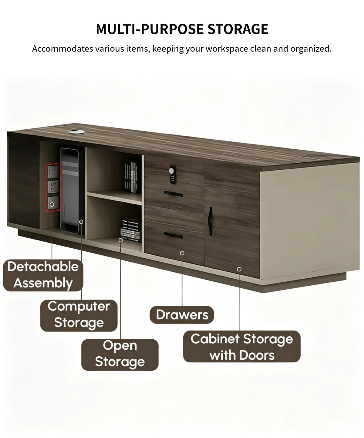 Modern Executive Desk with Built-In Outlets, LED Lighting & Side Storage for Home Office — Detail image 4