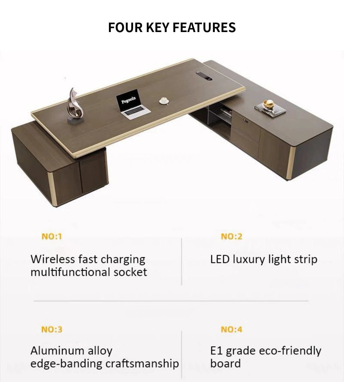 L-Shaped Executive Desk with File Drawers, Built-In Outlets & Cable Management — Detail image 2