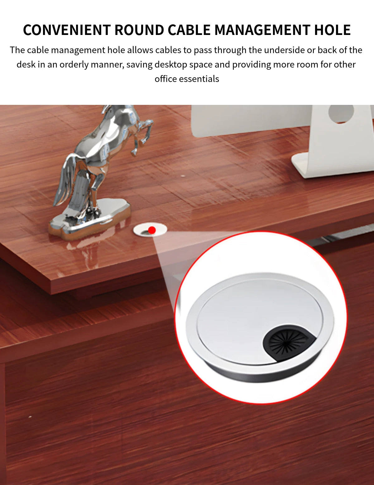 Modern Executive Desk with Solid Wood, Round & Cable Management for Home Office — Detail image 7