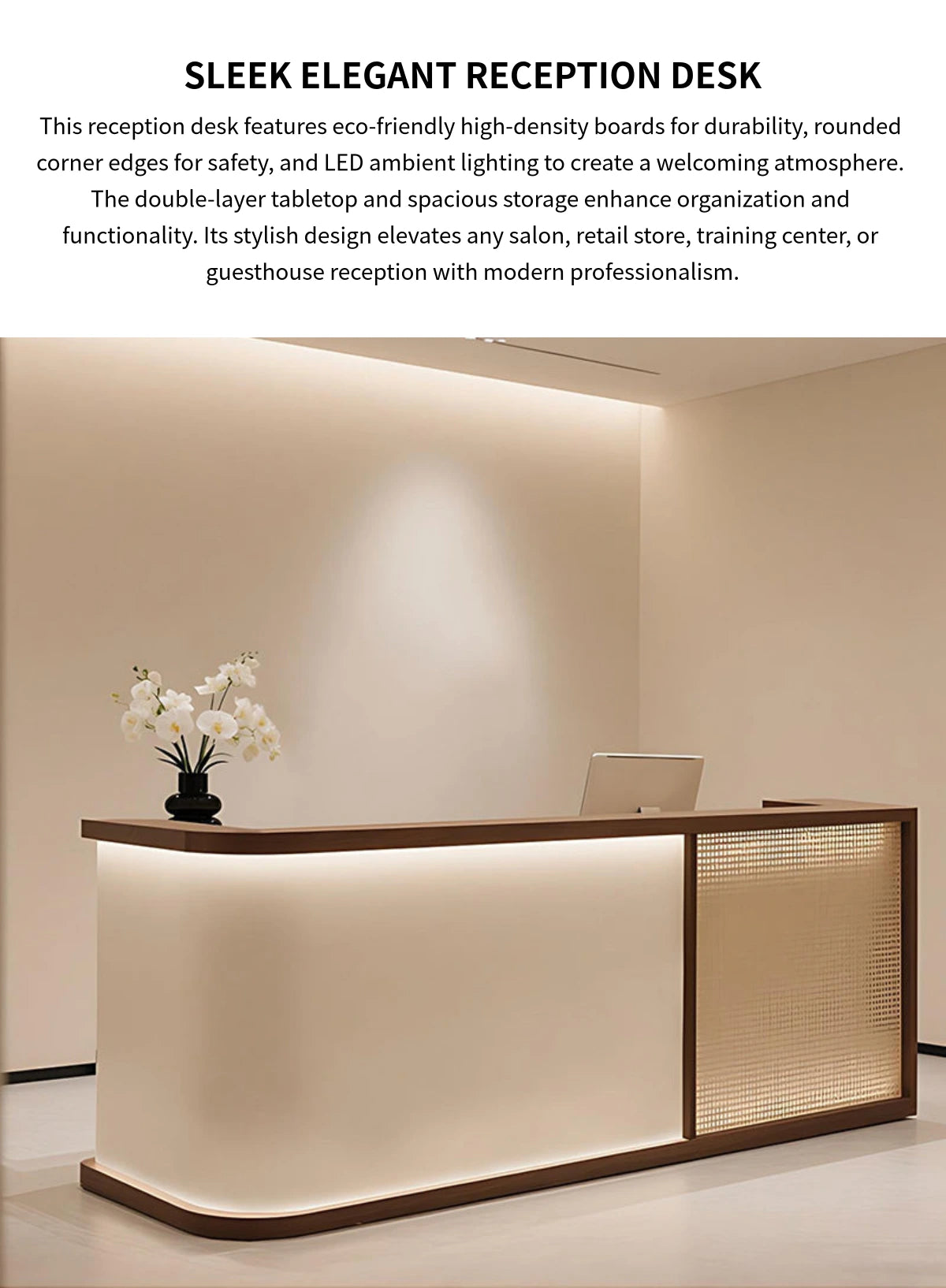 Curved Reception Desk 47-157 in Wide with LED Lighting & Transaction Counter for Salon — Detail image 1