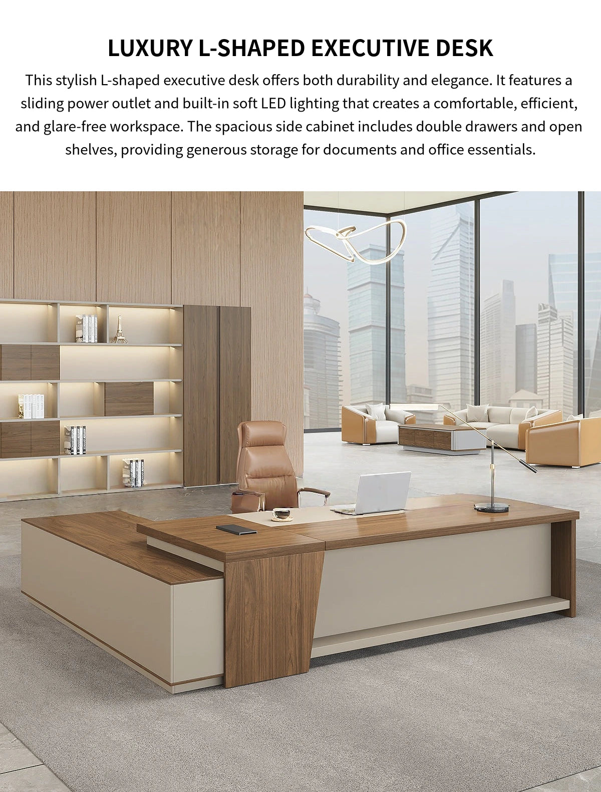 L-Shaped Executive Desk with Side Storage, Built-In Outlets & LED Lighting for Home Office — Detail image 1
