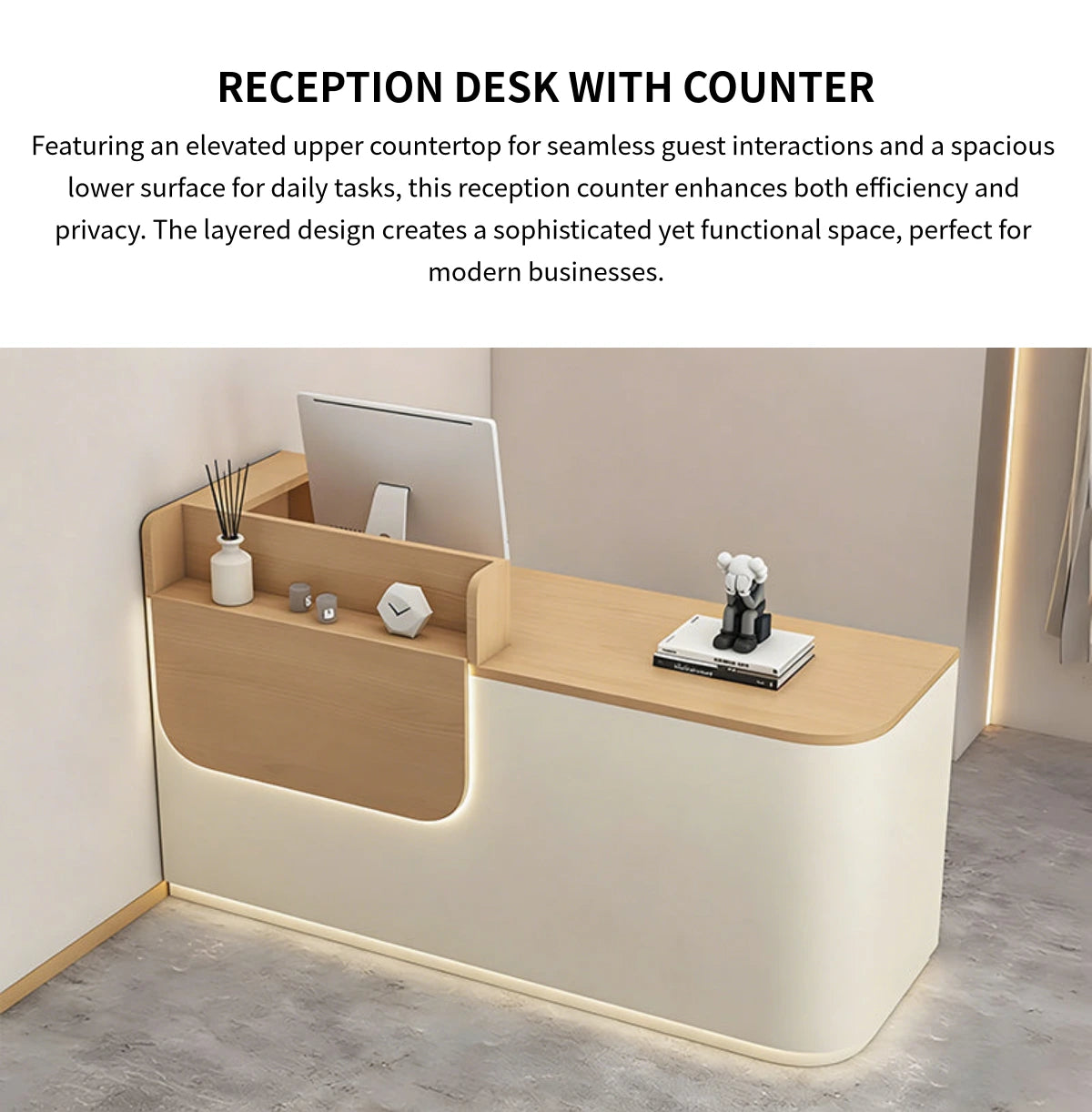 Curved Reception Desk 31-102 in Wide with LED Lighting, Lockable & File Drawers for Salon — Detail image 4