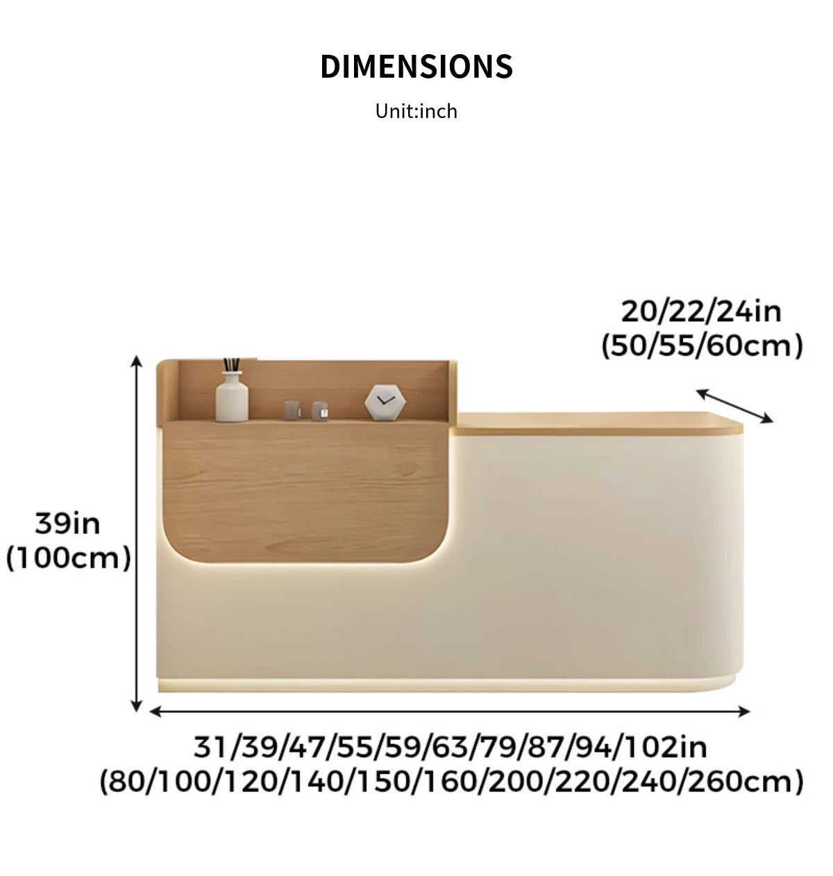 Curved Reception Desk 31-102 in Wide with LED Lighting, Lockable & File Drawers for Salon — Detail image 11