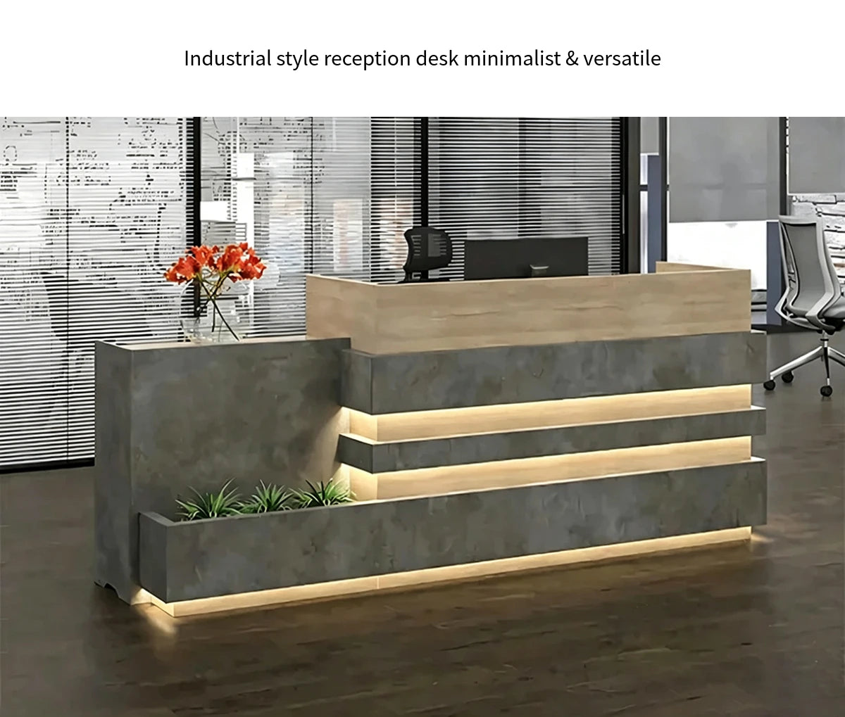 Modern Reception Desk 71-94 in Wide with LED Lighting, Lockable & Loft for Office Lobby — Detail image 1