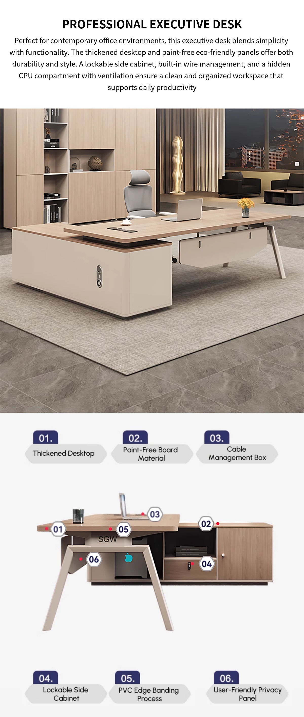 Modern Executive Desk 55-94 in Wide with Cable Management, Side Storage & Built-In Outlets — Detail image 1