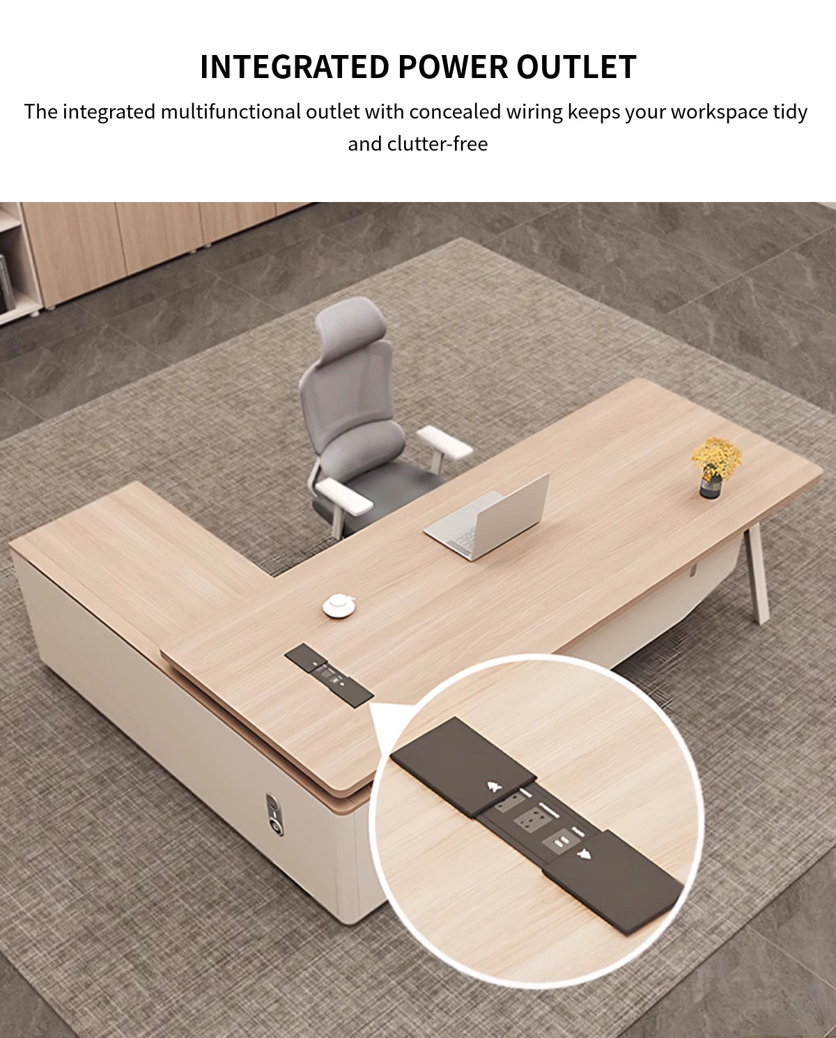 Modern Executive Desk 55-94 in Wide with Cable Management, Side Storage & Built-In Outlets — Detail image 4