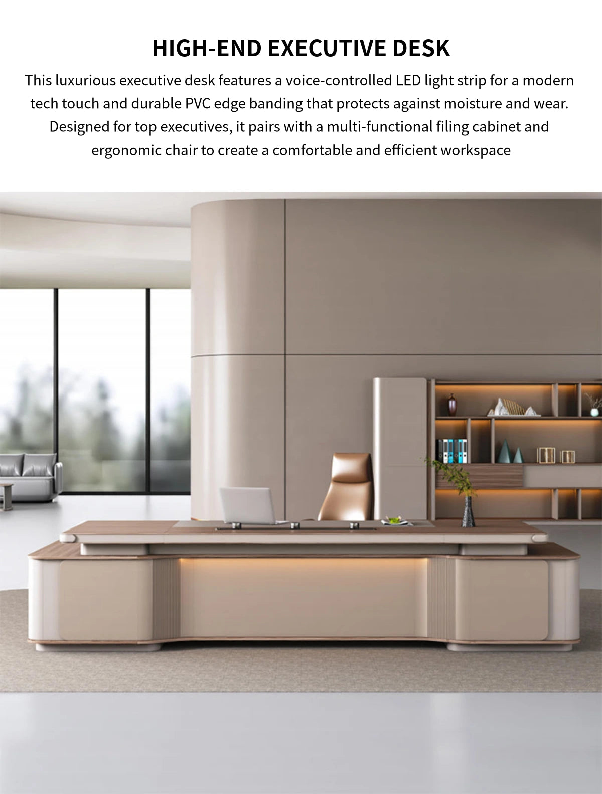 Modern Executive Desk 31-142 in Wide with LED Lighting & Lumbar Support for Home Office — Detail image 1
