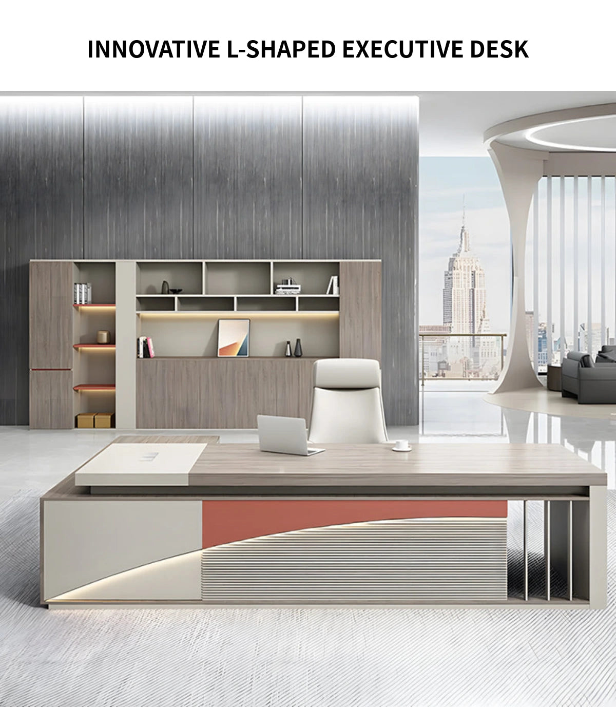 L-Shaped Executive Desk with LED Lighting, Side Storage & Genuine Leather for Home Office — Detail image 2