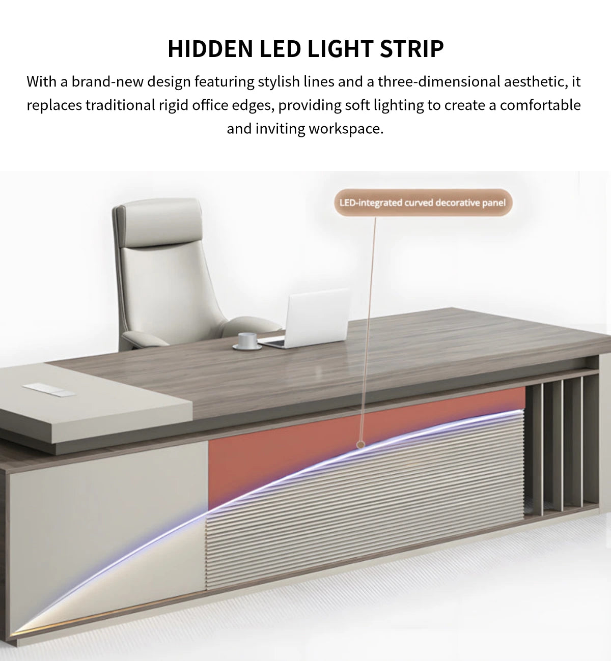 L-Shaped Executive Desk with LED Lighting, Side Storage & Genuine Leather for Home Office — Detail image 5