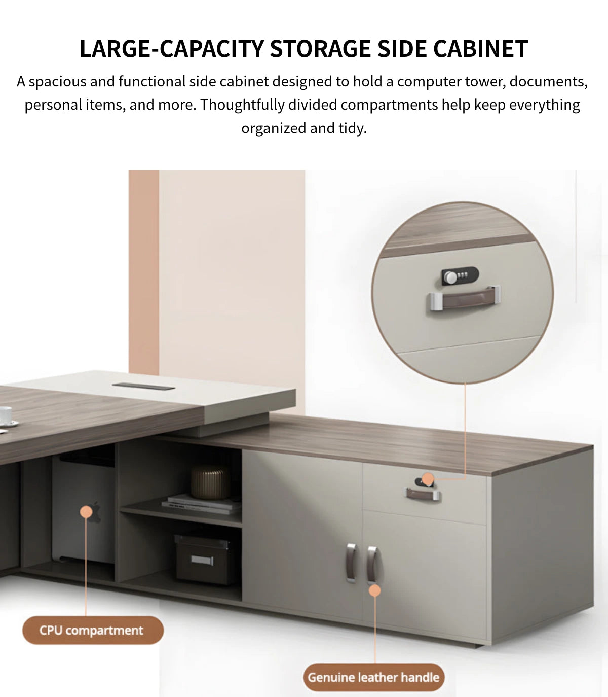 L-Shaped Executive Desk with LED Lighting, Side Storage & Genuine Leather for Home Office — Detail image 6
