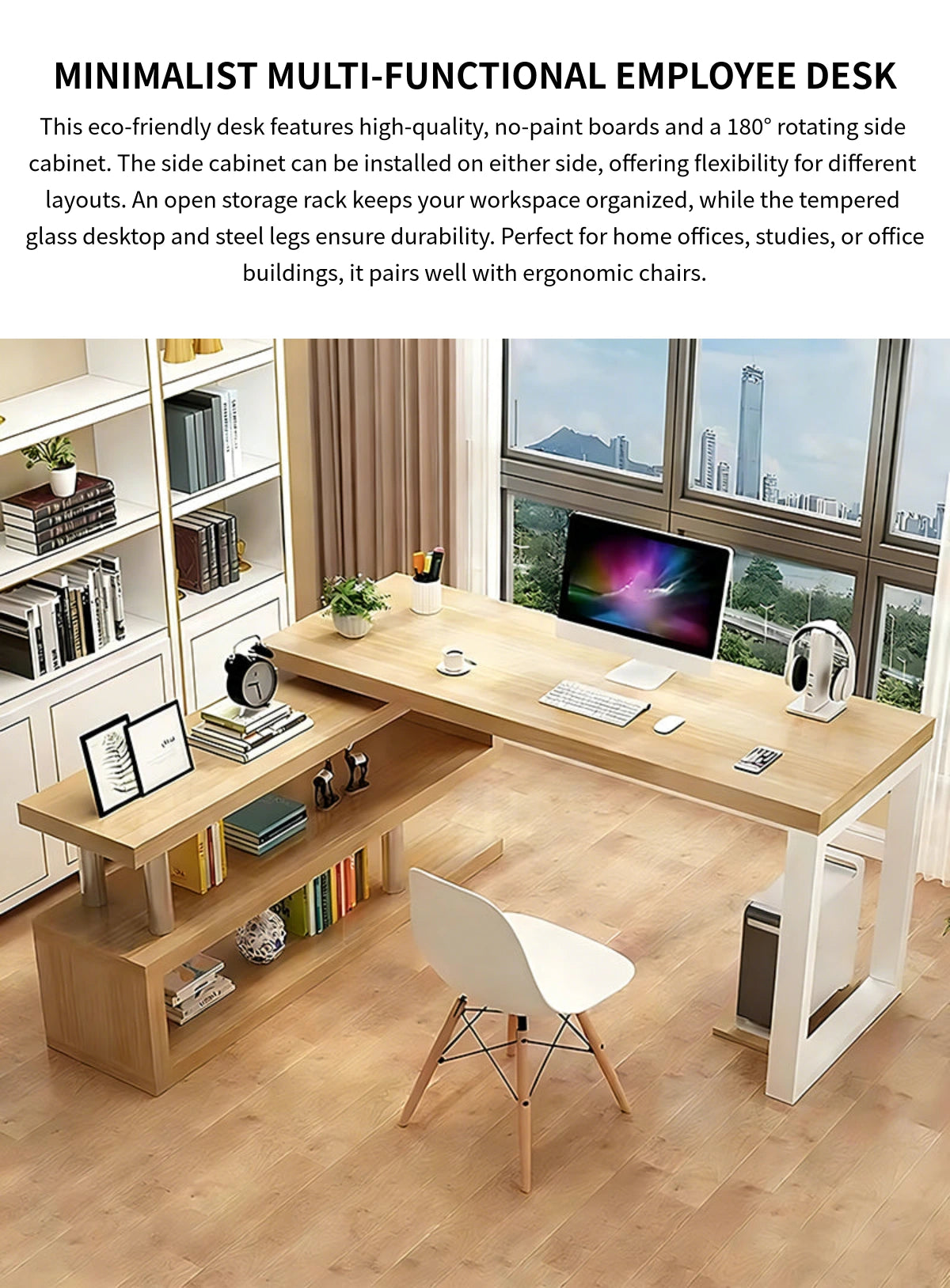 Modern Office Desk with Side Storage, Glass Top & Lumbar Support for Home Office — Detail image 1