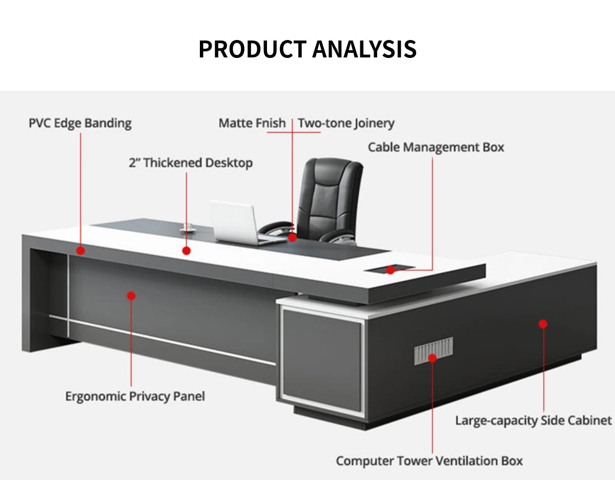 L-Shaped Executive Desk with Dual-Tone, Side Storage & File Drawers for Home Office — Detail image 4