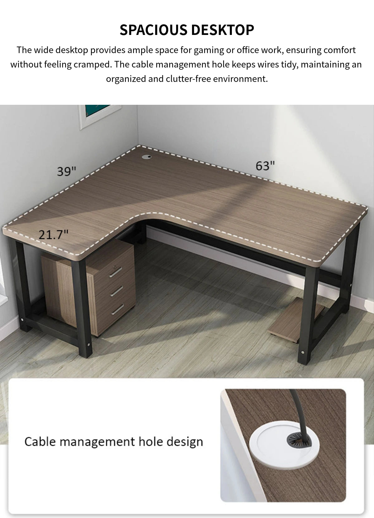 L-Shaped Office Desk 47-71 in Wide with Cable Management for Home Offi — Detail image 4