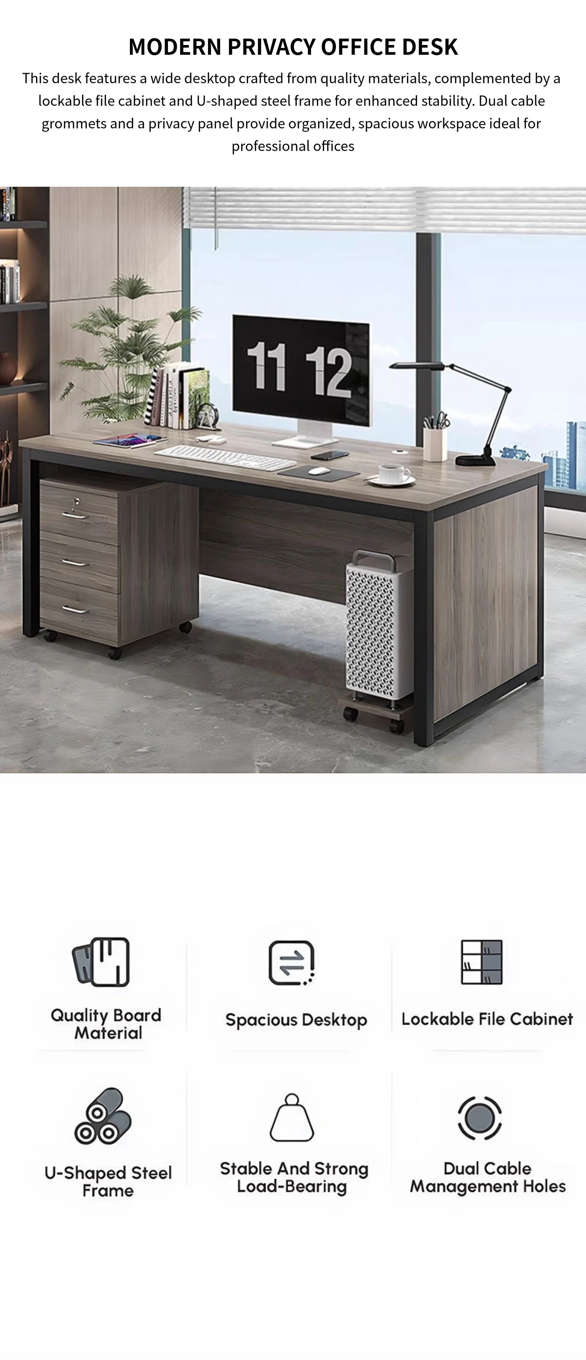 U-Shaped Executive Desk with Cable Management, Lockable & File Drawers for Home Office — Detail image 1