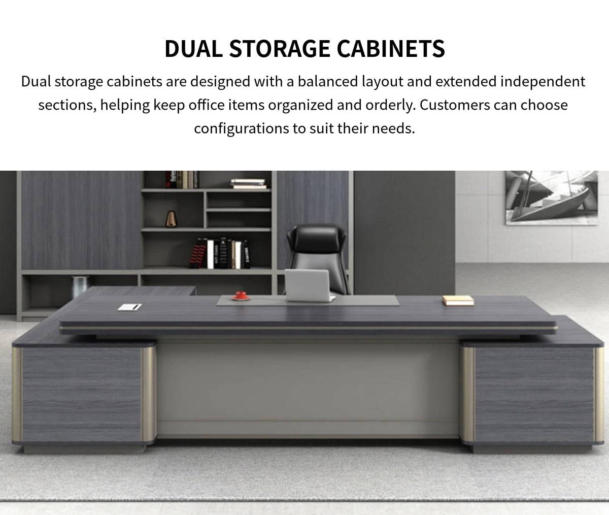 Modern Executive Desk with Curved, Cable Management & Side Storage for Home Office — Detail image 11