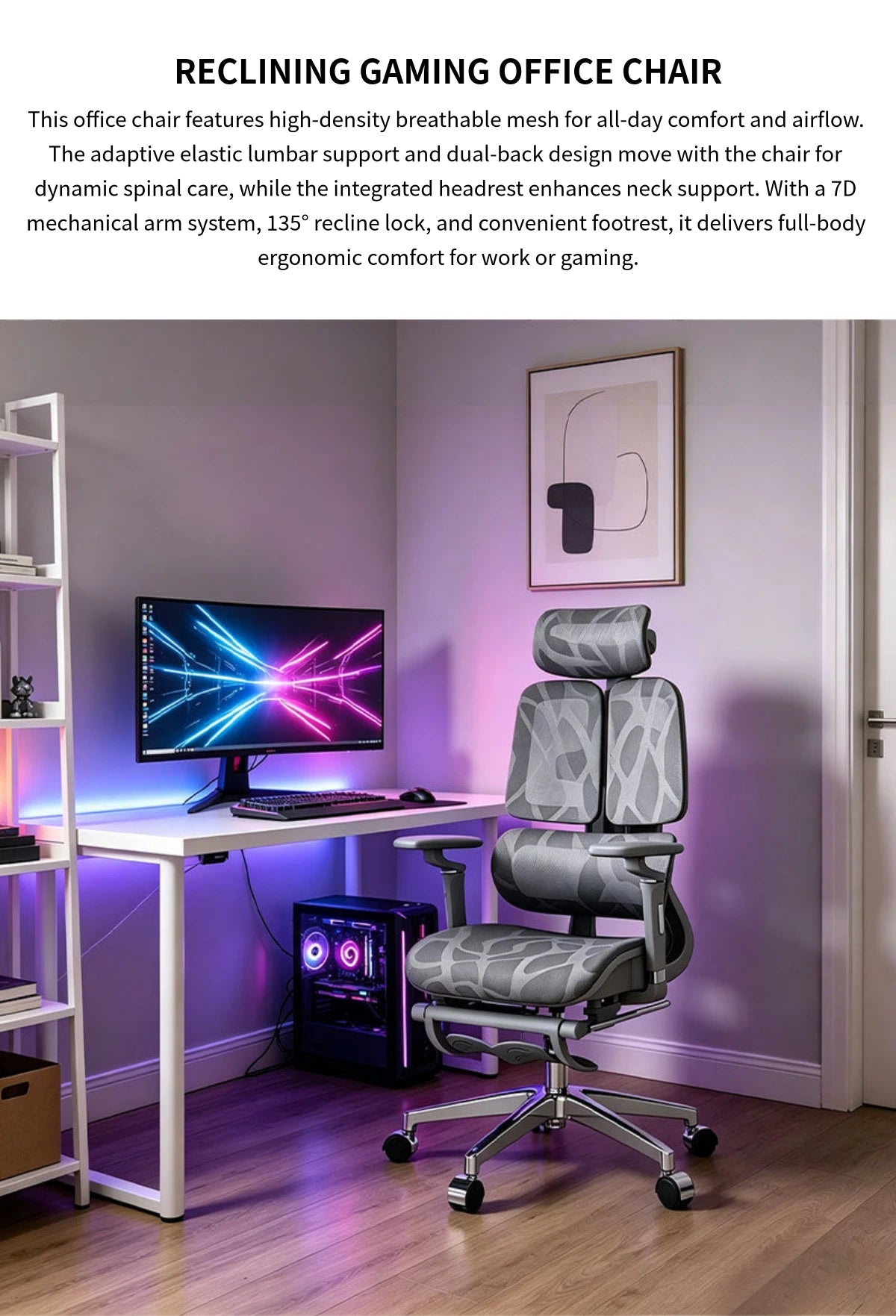 Comfortable Ergonomic Mesh Office Chair with Adaptive Lumbar Support, 135° Recline, and Footrest for Home, Office, and Gaming BGY-1034 — Detail image 1