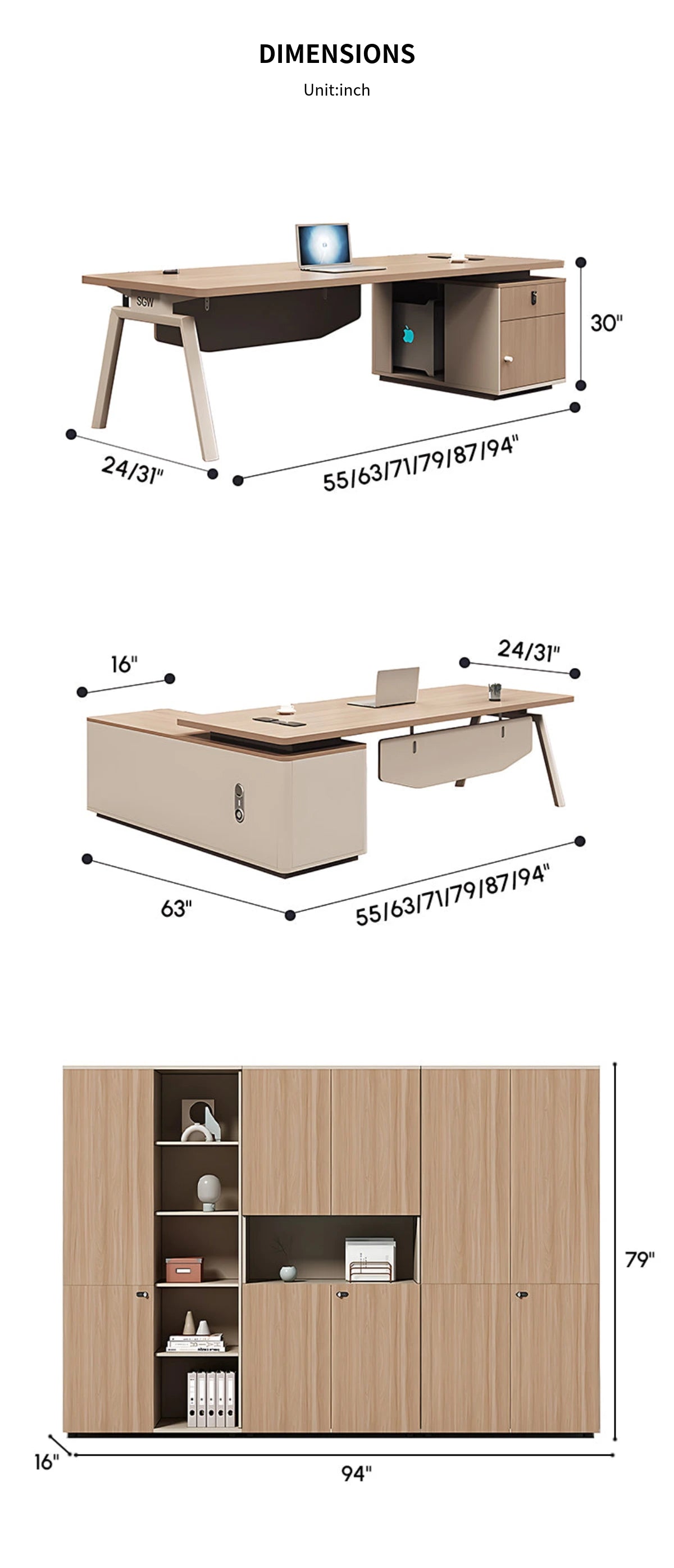 Modern Executive Desk with Curved, Cable Management & Side Storage for Home Office — Detail image 12