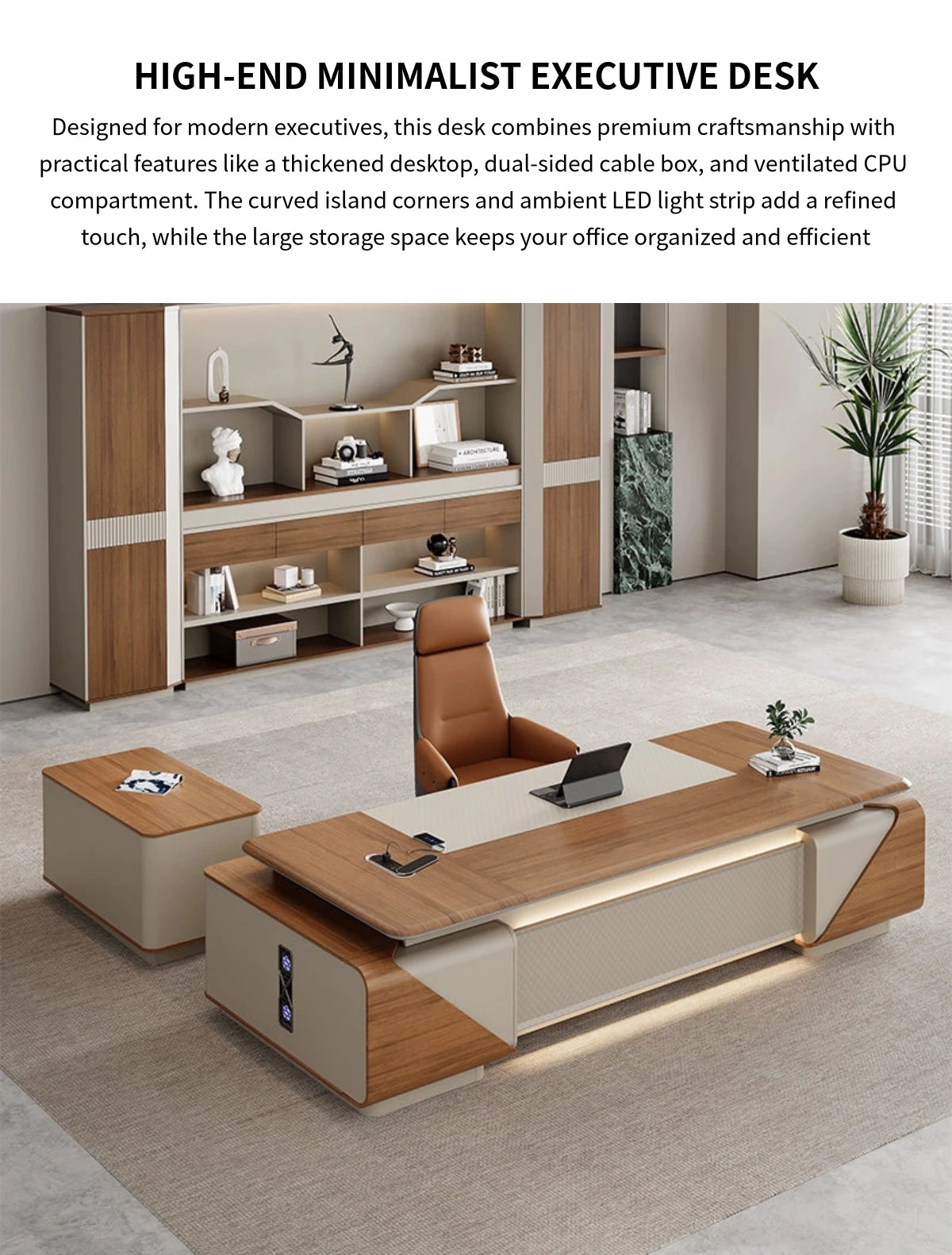 Modern Executive Desk with Curved, Cable Management & LED Lighting for Home Office — Detail image 1