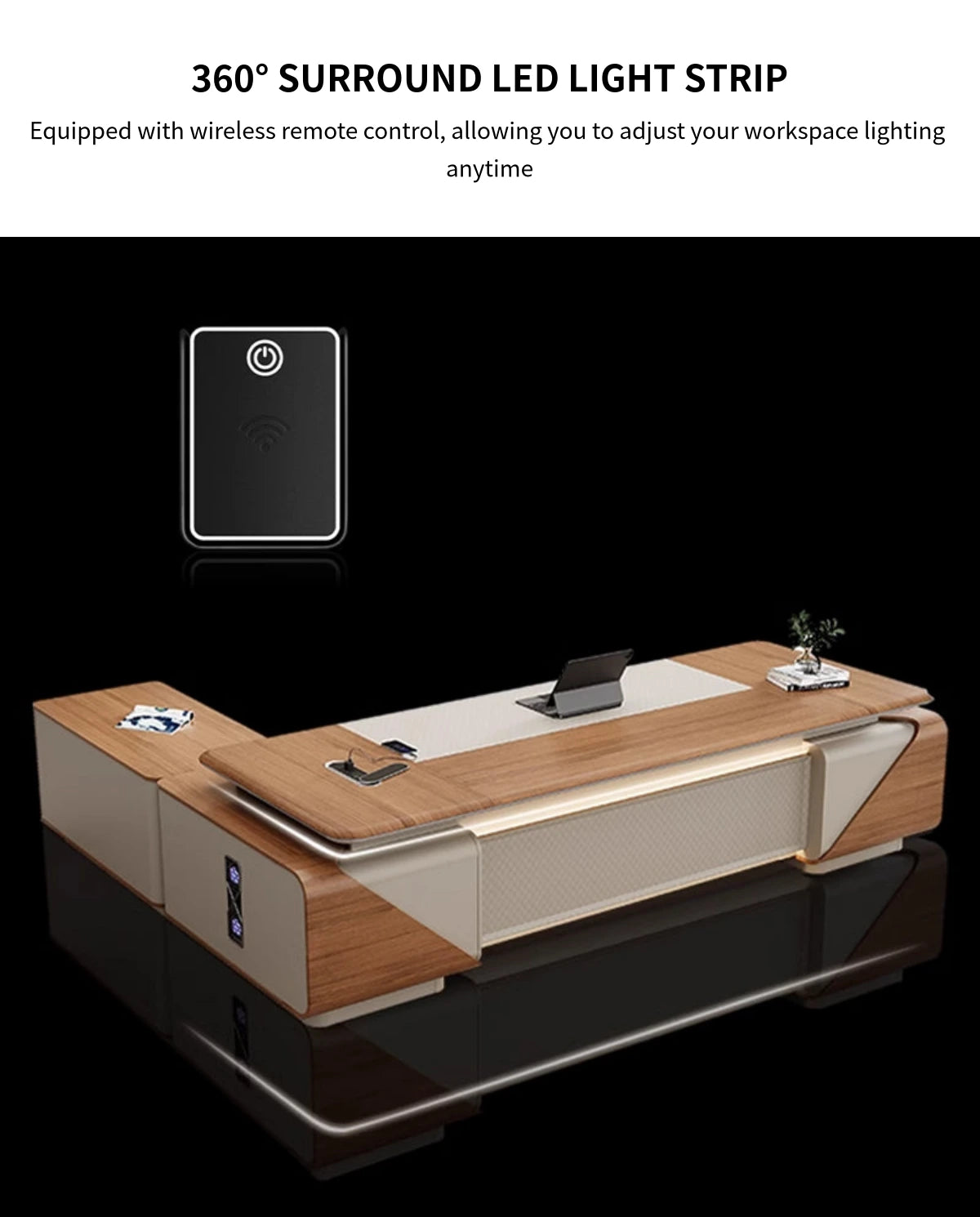 Modern Executive Desk with Curved, Cable Management & LED Lighting for Home Office — Detail image 7