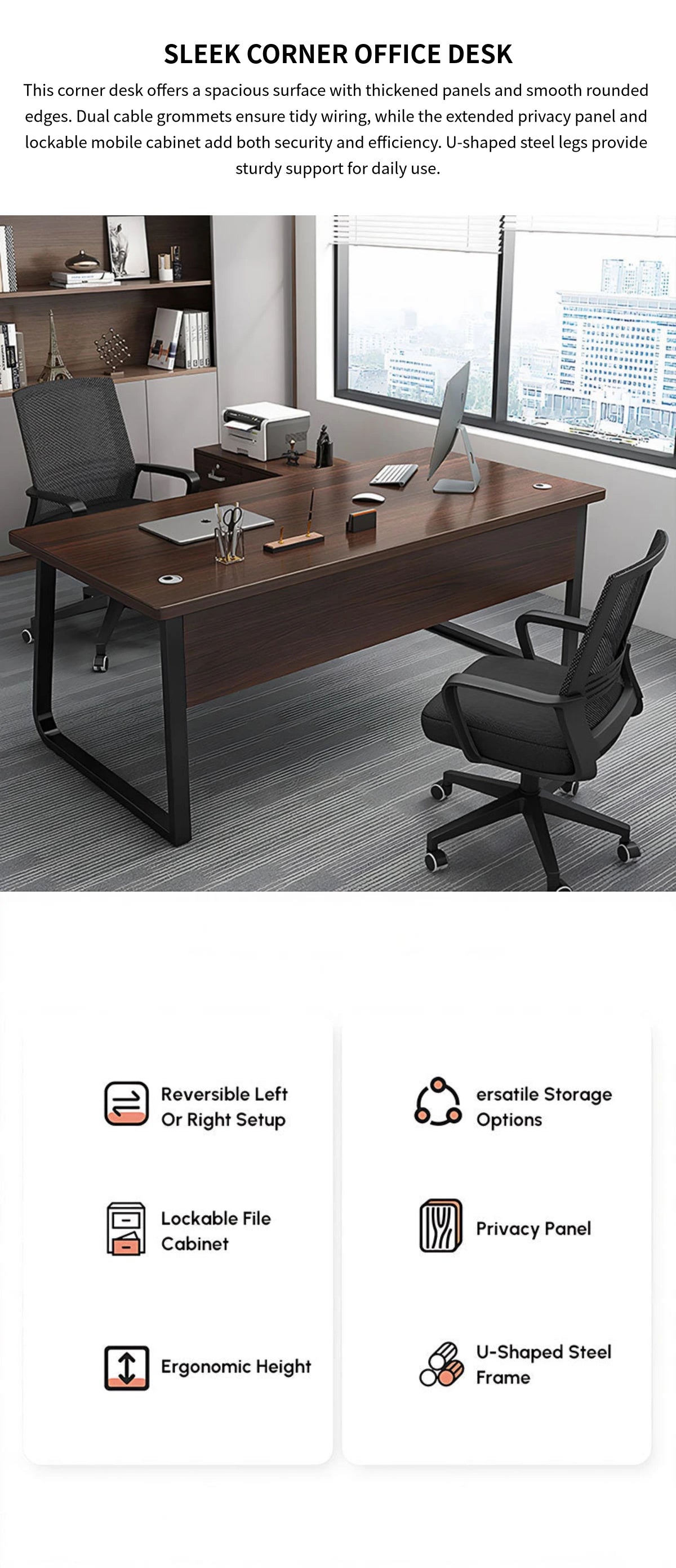 L-Shaped Office Desk with Cable Management, Lockable & Lumbar Support for Home Office — Detail image 1