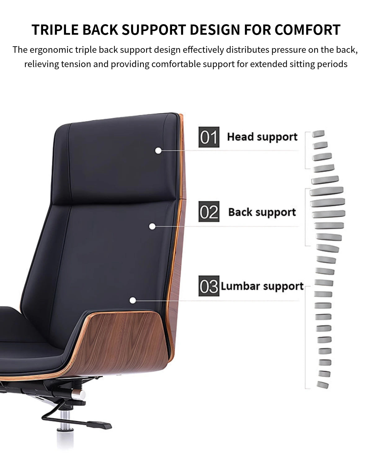 Leather Executive Office Chair with Genuine Leather, Solid Wood & Lumbar Support — Detail image 5