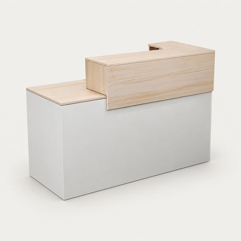 Retail Reception Desk 39-63 in Wide with Keyboard Tray, File Drawers & Transaction Counter - 39" L x 24" W x 38" H / Maple / Inside View - Left Side Higher