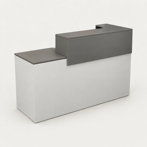Retail Reception Desk 39-63 in Wide with Keyboard Tray, File Drawers & Transaction Counter - 39" L x 24" W x 38" H / Gray / Inside View - Left Side Higher