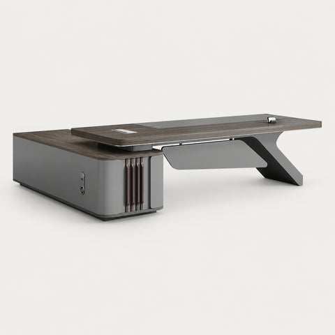 L-Shaped Executive Desk with Cable Management, Built-In Outlets & Side Storage - 87" L x 63" W x 30" H / Black Oak / Desk / Side Cabinet on the Right