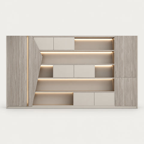 L-Shaped Executive Desk with Cable Management, Built-In Outlets & Side Storage - 142" L x 16" W x 79" H / Khaki / File Cabinet
