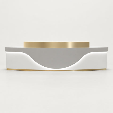 Curved Reception Desk with LED Lighting, Stainless Steel & File Drawers for Hotel Lobby - 142" L x 24" W x 39" H / Gray + Gold