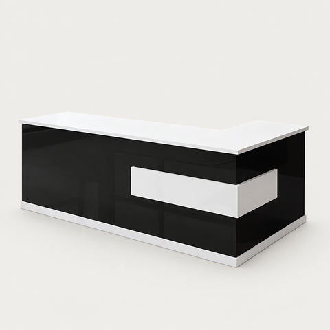 L-Shaped Reception Desk 39-142 in Wide with Lockable, File Drawers & Lumbar Support - 142" L x 39" W x 31" H / White + Black