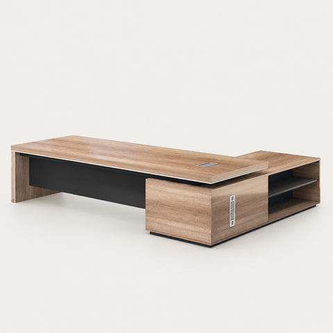 Modern Executive Desk with Cable Management & Lumbar Support for Home Office - 63" L×63" W×30" H/ With cabinet and chair / Long Cabinet on the Left（Viewed from inside） / Natural